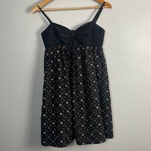 BCBG MAX AZRIA black 100% silk satin babydoll sun dress puff skirt eyelet dots